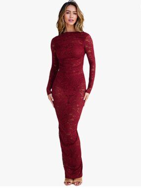 Sheer Burgundy Lace Bodycon Maxi Dress
